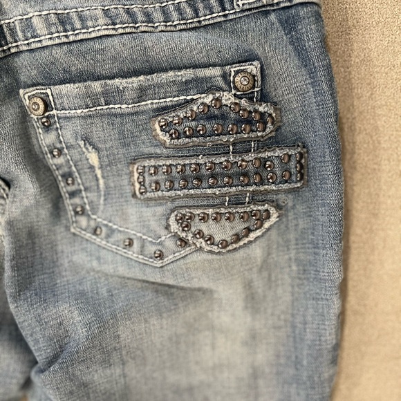 Harley Davidson distressed ripped low rise jeans. Gem and stud details. - Picture 10 of 15
